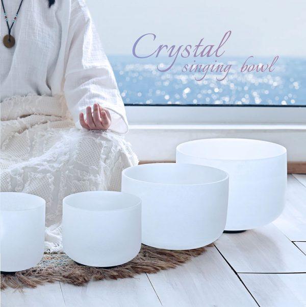 White Quartz Crystal Singing Bowl Set with Coloured Chakra Symbols – 432Hz 15cm - 30cm (6" - 12") - Image 4